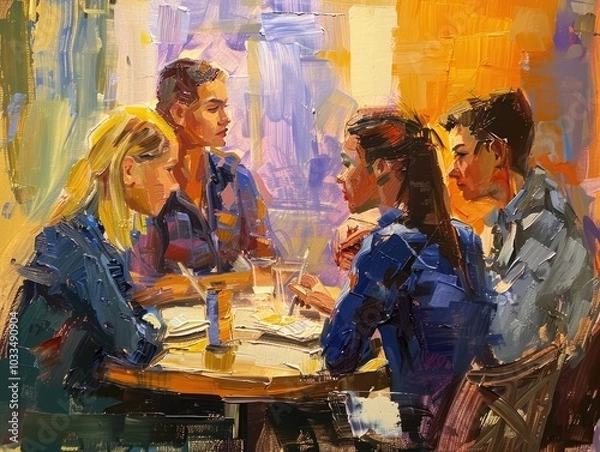 Obraz chalk drawing of smiling woman business people enjoying bouquet of flowers, standing in a sunny park. Earth tones, relaxed pose