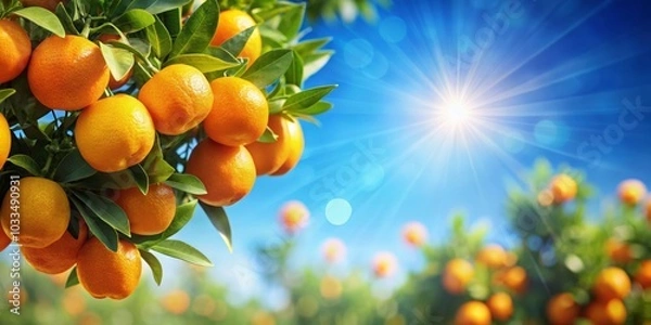 Fototapeta Ripe Seville Oranges on a Tree with Blue Sky - Vibrant Citrus Fruits, Natural Bokeh Background, Freshness, and Copy Space for Text Overlay