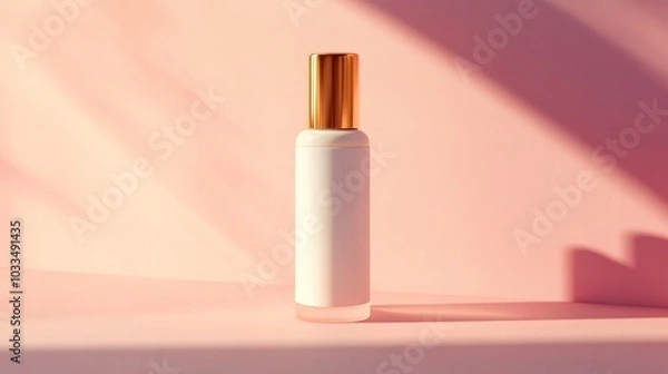 Fototapeta Cream bottle with a gold cap, standing elegantly in front of a soft pastel backdrop, delicate lighting