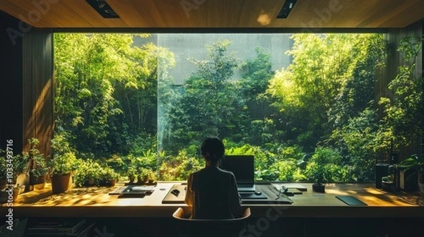 Fototapeta A person working with a view of a garden, bringing nature into the workspace for added inspiration