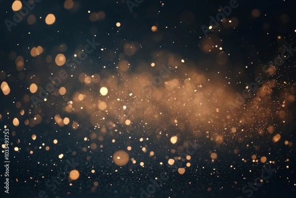 Fototapeta Abstract background with gold bokeh lights and soft haze on a dark blue background.