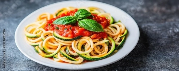Fototapeta A vibrant plate of spaghetti topped with fresh basil and a rich tomato sauce showcasing a tempting and delicious pasta dish