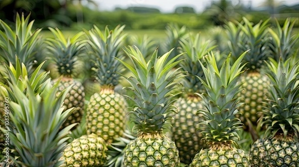 Fototapeta pineapple plantation with many pineapples --no text and people, human --chaos 10 --ar 16:9 Job ID: d74e73e9-f29f-43b2-9ac2-687a9b79b7a2