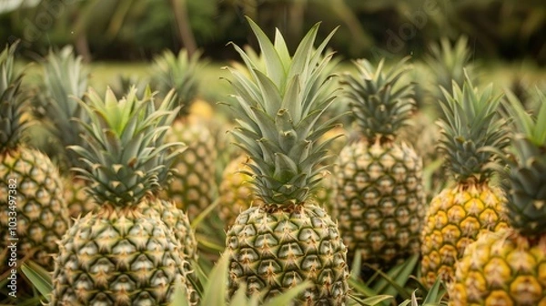 Fototapeta pineapple plantation with many pineapples --no text and people, human --chaos 10 --ar 16:9 Job ID: f7fbf51c-f62a-4582-adca-a0148cb71d4e