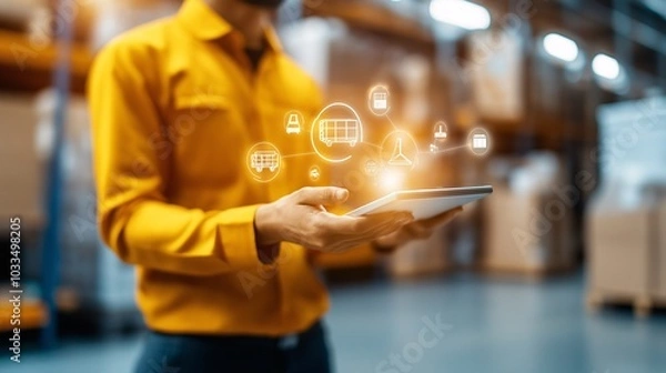 Fototapeta Logistics Management: A warehouse worker uses a tablet to manage inventory and logistics, showcasing modern technology in supply chain operations.  