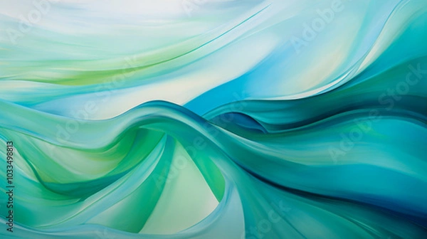 Obraz Abstract artwork of smooth, flowing waves in gentle green and blue tones, creating a serene and fluid visual effect with soft gradients