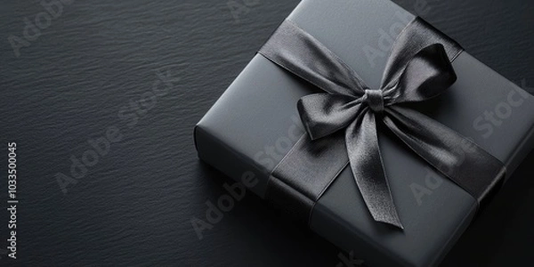 Fototapeta Large gift, grey box with an elegant bow on a dark background with copy space.