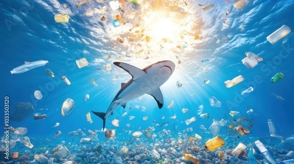 Fototapeta A stunning underwater scene featuring a shark swimming among ocean pollution, highlighting the impact of waste on marine life.
