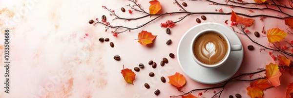 Fototapeta  Autumn, fall leaves, cup of coffee and coffee grains on soft pink background. Seasonal, morning coffee, Sunday relaxing and still life concept.