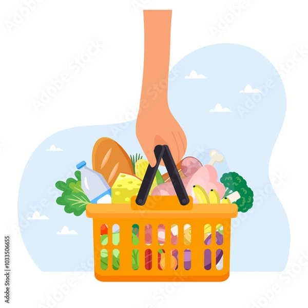 Fototapeta Hand holds shopping basket full of fresh produce. Buy grocery in the supermarket. Vector illustration in flat style.
