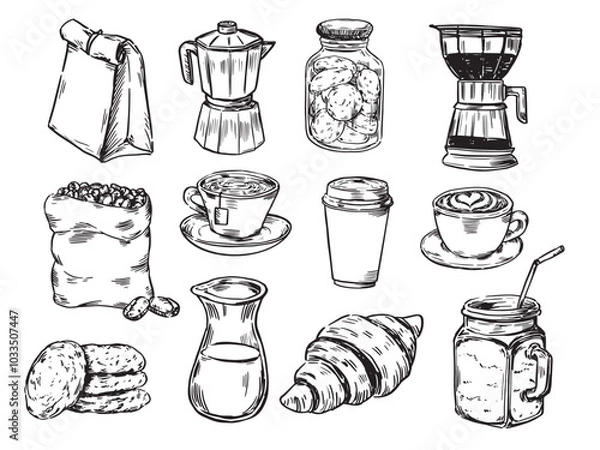 Fototapeta Set of hand drawn sketch coffee shop element vector illustration 2