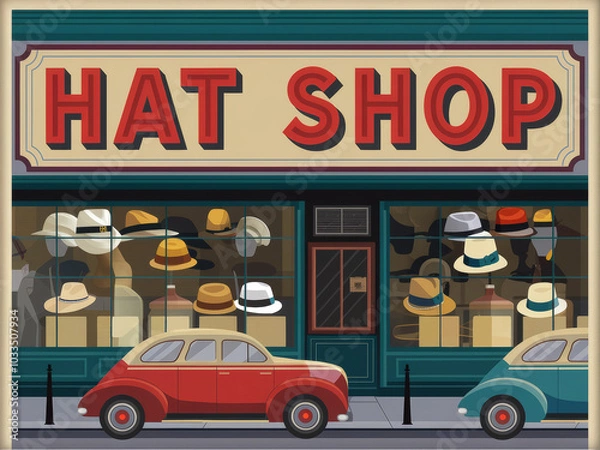 Fototapeta Vintage hat shopfront with classic cars and retro display