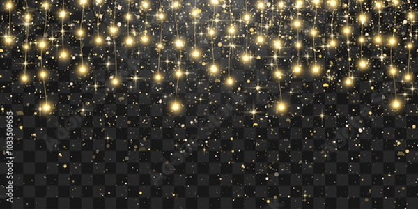 Fototapeta Christmas lights, lights bulbs, glowing garlands string. New Year's party lights, holiday decorations. Party event decoration, winter holiday season element. Vector illustration isolated on png.