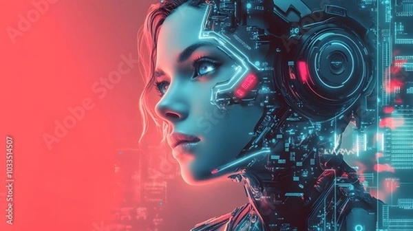 Fototapeta Cyborg Woman with Glowing Circuits and a Red Background