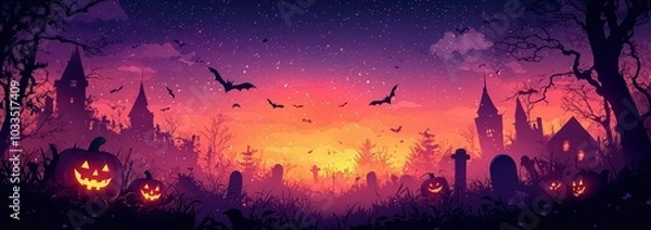 Fototapeta A purple background with Halloween pumpkins, cemeteries, and bats 