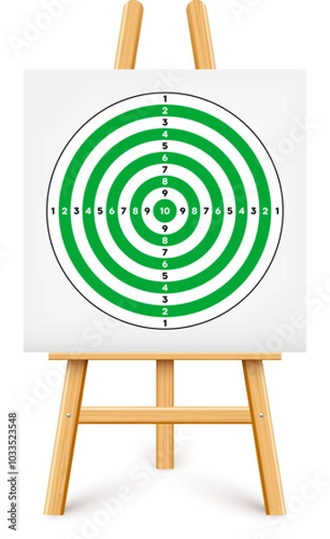 Obraz Shooting range target on a wooden easel stand. Paper target with divisions, marks and numbers. Archery, gun shooting and training, sport competition, hunting. Bullseye and aim. Vector illustration