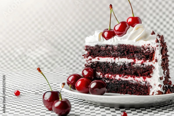 Fototapeta A slice of rich chocolate cherry cake layered with whipped cream, topped with fresh cherries on a patterned background.