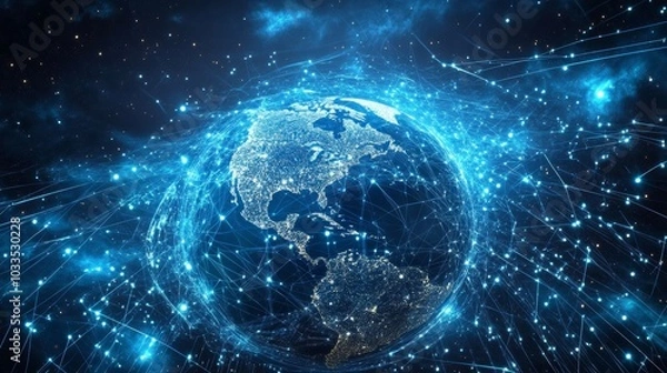 Fototapeta Digital Network of Earth with Glowing Connections From Space
