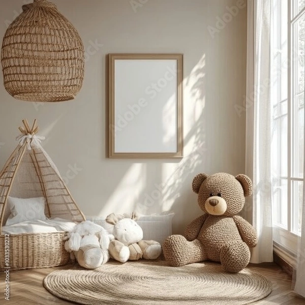 Fototapeta Stylish scandinavian nursery interior with mock up photo frame, plush toy, design furniture, toys and accessories. Beautiful decoration on the beige background wall. Home decor for children