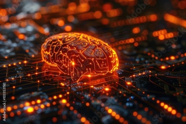 Fototapeta Digital Brain Neural Network. Machine Learning Concept. Orange Tech Background. 3D Render.