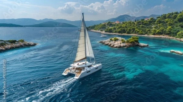 Fototapeta An aerial photo of a catamaran sailing the ocean in croatia, national geographic style, Ai Generative.