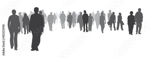 Fototapeta Sylwetka, mieszana grupa ludzi frontalna, tłum, duża grupa ludzi idzie do przodu, wspólnota, spójność, wartości, anonimowość, okazanie siły, solidarność, integracja, demonstracja