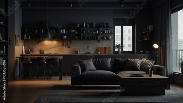 Fototapeta Modern, minimalist living room with dark walls, a grey couch, and a wood coffee table. The room has a kitchen in the background with a small bar and a window.