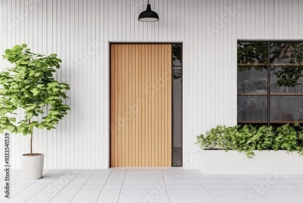 Fototapeta Minimalist interior with a potted plant in a black pot on the floor, wooden slatted wall, and a modern, sleek white door.