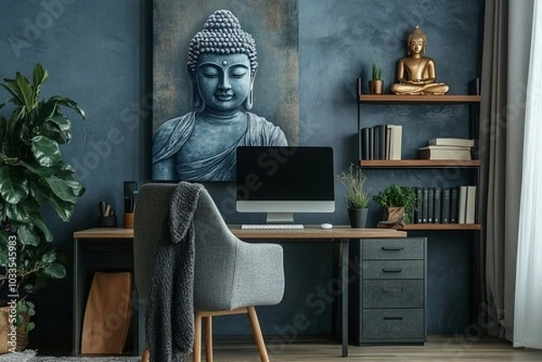 Fototapeta Stylish scandinavian interior of living room with design wooden table, chairs, grey sofa, decoration, personal accessories and beautiful dog in elegant home, Generative AI