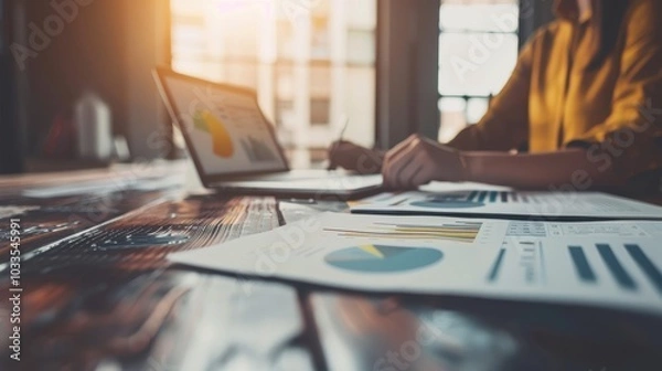 Fototapeta A person works on a laptop at a desk with charts and graphs, focusing on data analysis in a warm, sunlit office space.