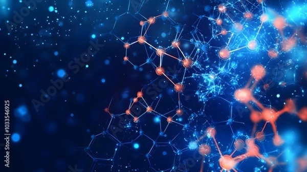 Fototapeta Abstract Blue and Orange Molecular Structure on Dark Blue Background