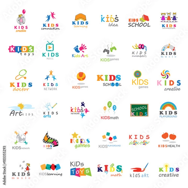 Fototapeta Children Icons Set-Vector Illustration,Graphic Design.For Web,Websites,App,Print,Presentation Templates,Mobile Applications,Promotional Materials.Kids Note,Balloon,Handprints,Book,Logo Bulb,Collage