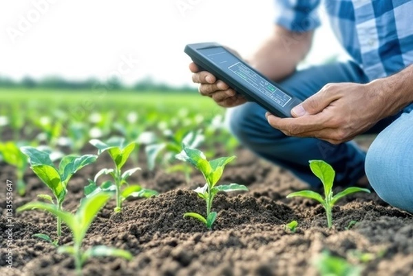Fototapeta A farmer checking data on a smartphone while inspecting young plants in a thriving field.