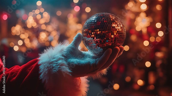 Fototapeta Closeup Santa hand holding a disco ball for Christmas or New Year party against blurred bokeh light background with space for copy
