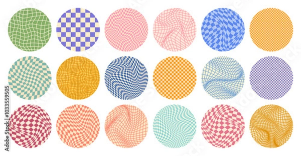 Obraz Groovy checkered pattern, round colorful tiled grid. Vintage wavy curved backdrop, distortion effect. Funky geometric chessboard texture, retro background in 90s style, y2k. Vector illustration