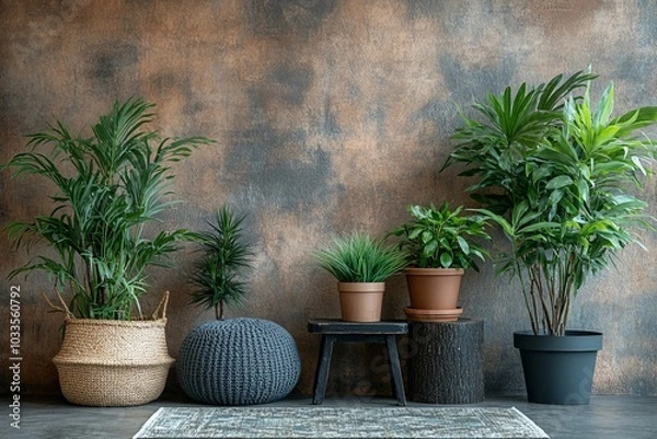 Obraz Warm composition of botanic living room interior with plants in flowerpotss, wooden stand, black stool, brown wall and personal accessories. Home decor, Generative AI