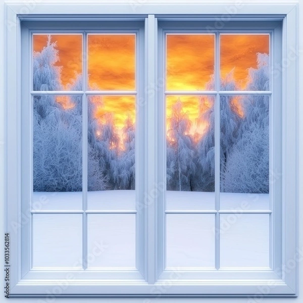 Fototapeta Frosty Window with Icy Patterns at Sunset
