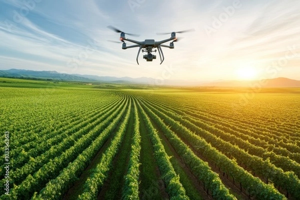 Fototapeta Aerial view of a drone surveying a lush green vineyard during sunset, showcasing modern agriculture technology in action.