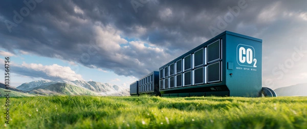 Fototapeta 3D rendering of a modern carbon capture unit in nature, showcasing eco-friendly technology aimed at reducing CO2 and combating climate change.