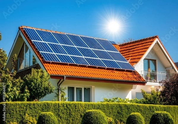 Fototapeta A beautiful house featuring solar panels installed on its roof