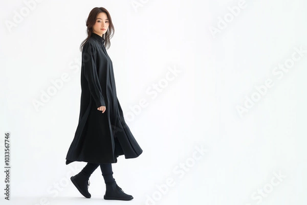 Obraz 黒い服装で歩く若い女性