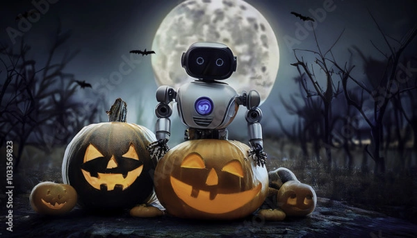 Obraz A cheerful robot surrounded by spooky Halloween pumpkins under a full moon, showcasing a fun twist on holiday festivities.