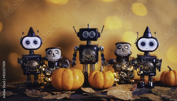 Fototapeta A collection of vintage robots surrounded by pumpkins, perfect for autumn-themed decor and whimsical photography.