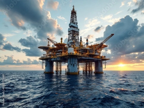 Fototapeta A large oil rig is floating in the ocean