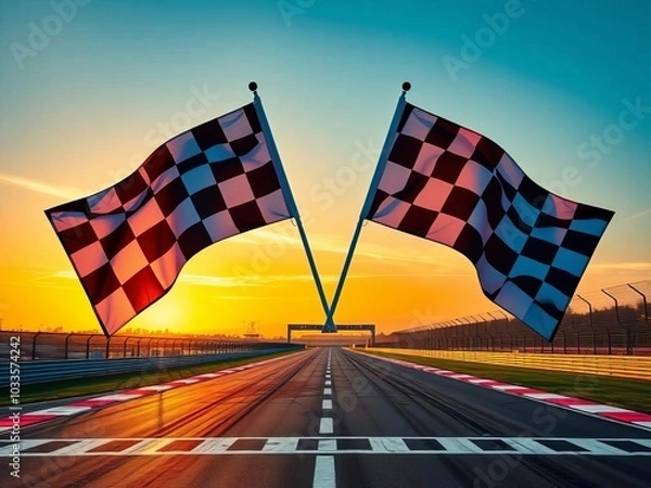 Fototapeta Two checkered flags are flying in the air above a race track