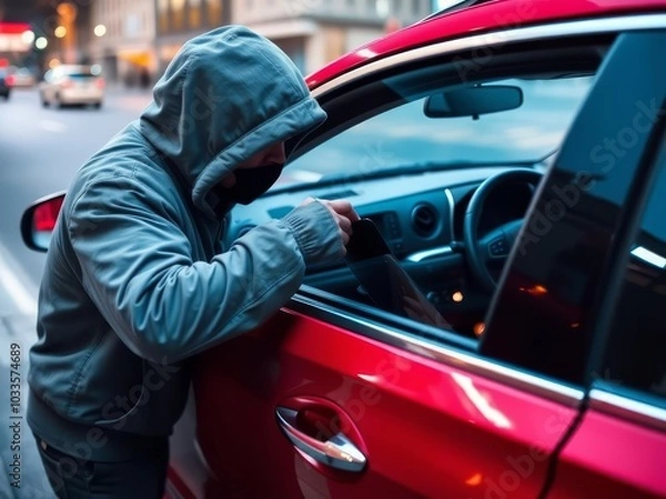 Fototapeta A man in a hoodie is taking a picture of a car door
