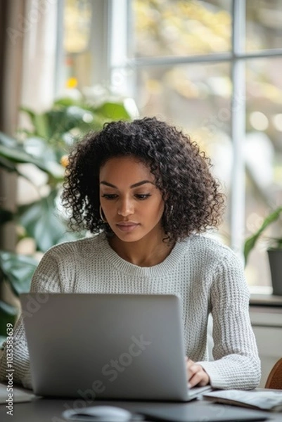 Fototapeta Virtual assistant managing tasks on a laptop, with multiple open tabs in a home office