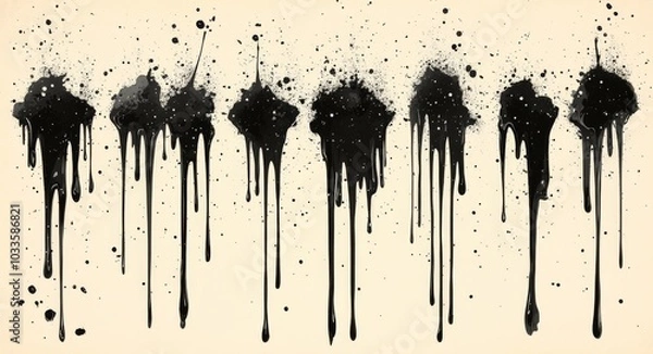 Obraz Drops and splashes of ink. Dripping paint drips, Ink splats and blots. Artistic grunge abstract spot modern set. Illustration monochrome drip splash, splat mess inkblot.