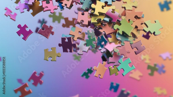 Fototapeta Multicolor Puzzle Pieces in Mid-Air Abstract Playful Design with Pastel Background