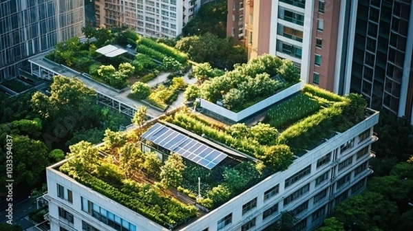 Fototapeta Aerial View of a Building with a Green Roof and Solar Panels